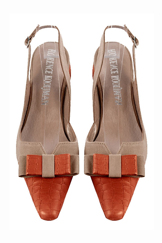 Terracotta orange and tan beige women's open back shoes, with a knot. Tapered toe. Flat block heels. Top view - Florence KOOIJMAN